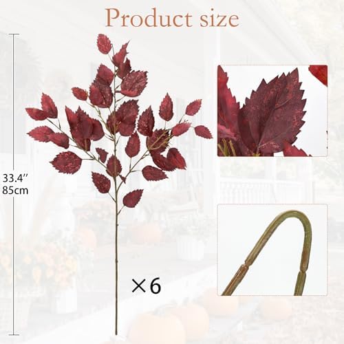 Artificial Fall Birch Leaves Stem - 6 Pcs Faux Autumn Greenery Long Stems 33.4" Tall Fake Plants with Branches Decorations for Thanksgiving Wedding Centerpieces Home Table Decor Floral Arrangements