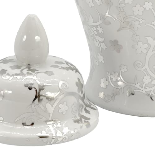 Galt International Silver & White Floral Blossom Ceramic Ginger Jar 18" w/Lid - Temple Jar Home & Kitchen Decor for