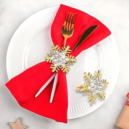 Christmas Napkin Rings Set of 6, Metal Winter Gold Snowflake Napkin Holders Wedding Dinner Parties Home Table Decors Winter Decorations Christmas Decors
