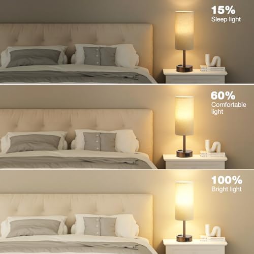 Fenmzee Brown Bedside Lamp for Bedroom, Dimmable Touch, USB A+C, AC Outlet