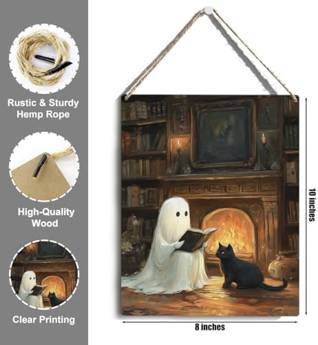 Halloween Decor, Cute Halloween Decorations Indoor, Spooky Halloweens Wall Art Wooden Hanging Sign Wood Plaque Decor, Ghost Black Cat Door Sign Farmhouse Home fireplace Living Room Decoration