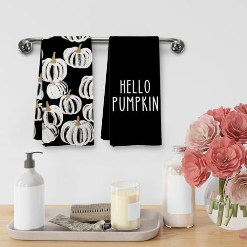 Fall Hello Pumpkin Black Halloween Kitchen Towels and Dishcloths Sets of 2, Black and White Fall Pumpkin Decor Dish Hand Tea Towels for Bathroom Kitchen, Autumn Aesthetic Fall Decor,16x24Inch