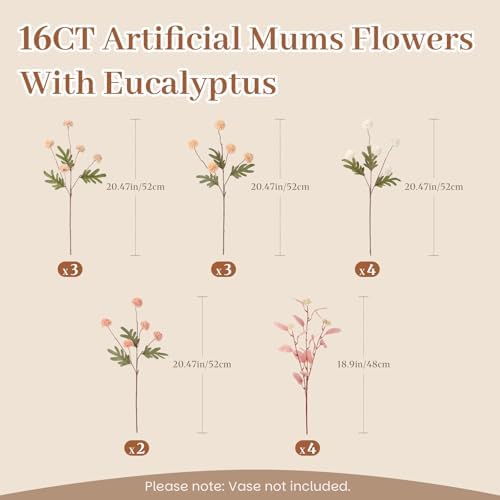 Alupssuc 16 Pcs Faux Silk Mums with Eucalyptus, Fake Chrysanthemum for Vase