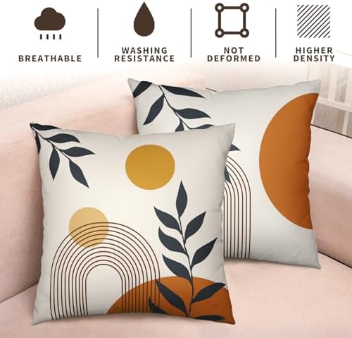 Boho Abstract Sun Pillow Covers Mid Century Modern Throw Pillow Covers Minimalist Geometric Leaf Decorative Pillow Cases Bohemian Line Art Pillowcase 18x18 Set of 2 for Outdoor Couch Patio