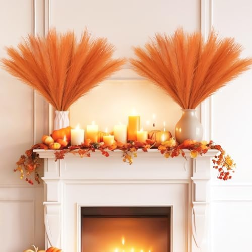 obbsie 150PCS Orange Faux Pampas Grass Decor, 21.6" Fluffy Vase Filler