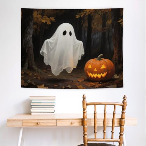 WHCHJ Gothic Halloween Ghost Pumpkin Tapestry, Dark Academia Halloween Tapestry Wall Hanging, Witchy Spooky Ghost Tapestries Wall Blanket Decor for Party Home Bedroom Living Room Dorm, 50x60 Inch