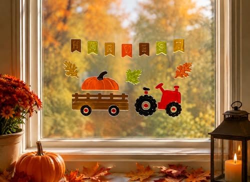 Fall Gel Cling Stickers for Windows and Mirrors - 6 Sheets of Reusable Seasonal Designs: Scarecrow, Leaves, Tractor, Pumpkins, Turkey Pumpkins and More!