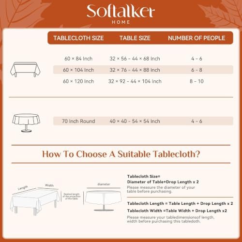 Softalker Long Fall Tablecloths 60x120 Inch Rectangular, Faux Linen Autumn Table Cloth Maple Leaves & Pumpkin Table Cover for 6/8/10 Foot Rectangle Large Tables Decor for Thanksgiving,Dining,Outdoor