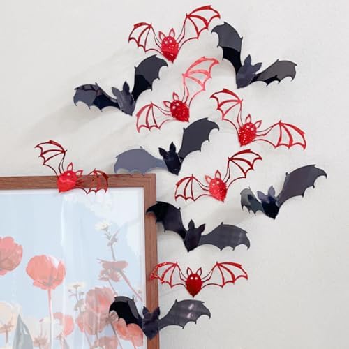 12 Pcs Halloween Bats Wall Stickers Red Black 3D Bats Wall Decoration Double Layer Bats Stickers Holiday Gift Decor for Party Home Office Shop Decorations Supplies