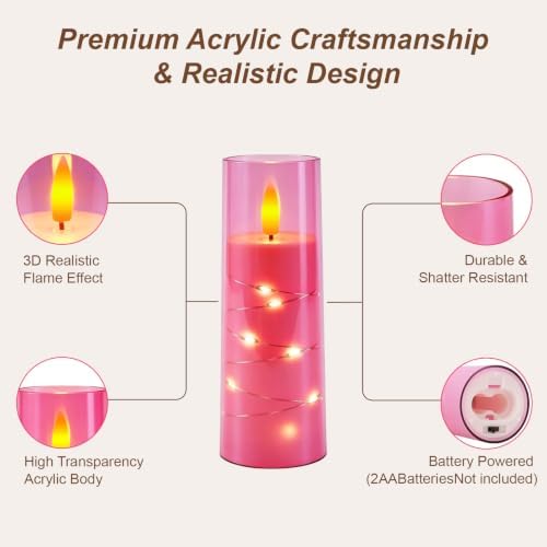 Raycare Flameless Battery Operated Pillar Candles with Remote Timer, Pink