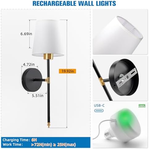 NIORSUN 19.9 inch Battery Operated Wall Sconce Set of 2,Gold-Black Rechargeable Wall Lights with 10400mAh Dimmable
