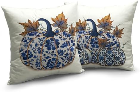 Fall Chinoiserie Pillow Covers 18x18 Set of 2 Blue and White Porcelain Pumpkin Leaf Flowers Autumn Outdoor Throw Pillows Thanksgiving Harvest Pillowcase for Sofa Couch Decor