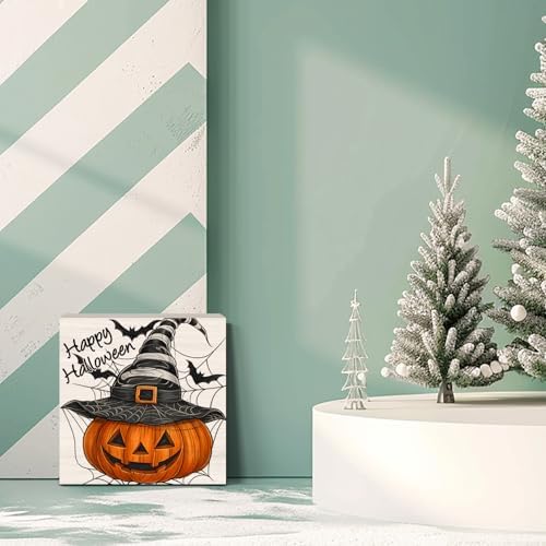 Happy Halloween Sign, Fall Halloween Pumpkin Decor, Jack o Lantern Wooden Square Sign for Home Office Desk Decor 5 x 5 Inches
