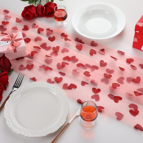 4 Pcs Pastel Table Runner 29x70 Inch Heart Tulle Valentines