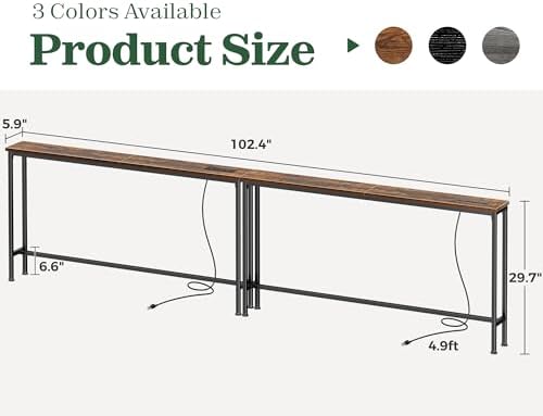 SUPERJARE 102.4 inch Narrow Behind Couch Table with Charging Stations