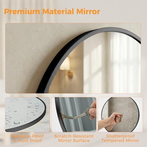 30 Inch Black Round Bathroom Wall Mirror, Round Mirrors for Wall Decor, Circle Mirror for with HD Shatter-Proof Glass