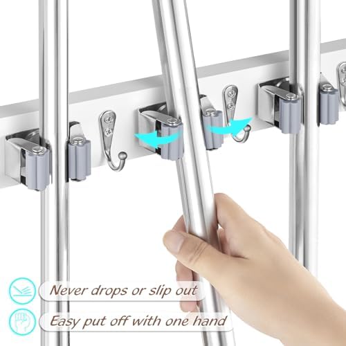 OUTNILI 2 Pack Mop Broom Holder Wall Mount - White Wood Broom Mop Hanger - Wall Mounted Garden Tool Rack Organizer for