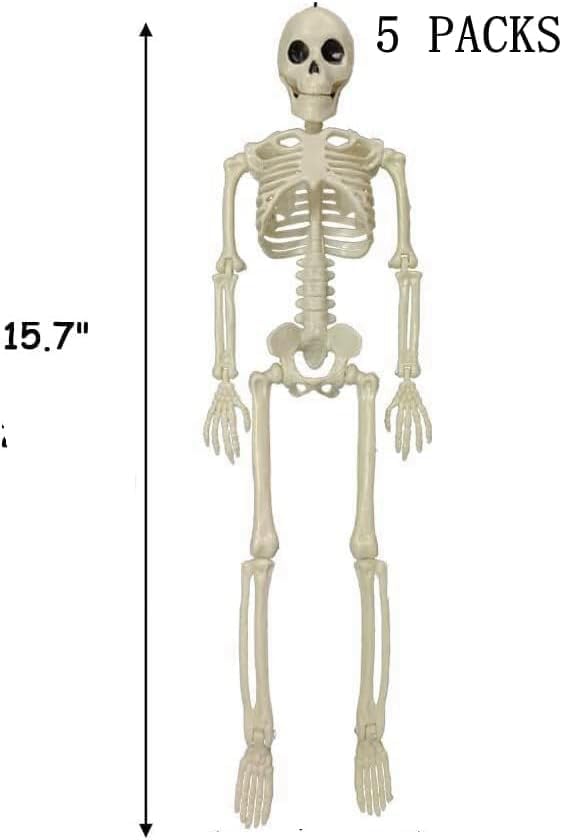 Halloween Skeletons Decorations, 16" Posable Plastic Skeleton 5 Packs, Full Body Skeleton Bulk with Movable Joints, Realistic Spooky Scary Skeletons for Outdoor Indoor Halloween Party Haunted House