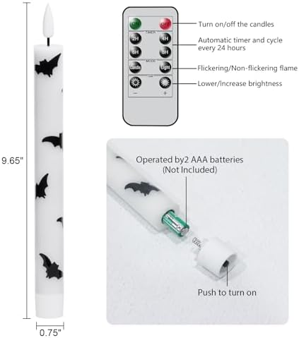 Halloween Flameless Taper Candles with Remote Timer, Bat Prints