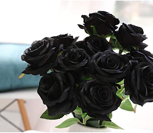 10pcs Black Roses Artificial Flowers, Realistic Faux Rose with Long Stem