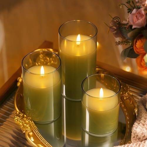 Tyawon Glass Battery Operated LED Flameless Candles with Remote and Timer, Real Wax Candles Warm Color Flickering Light