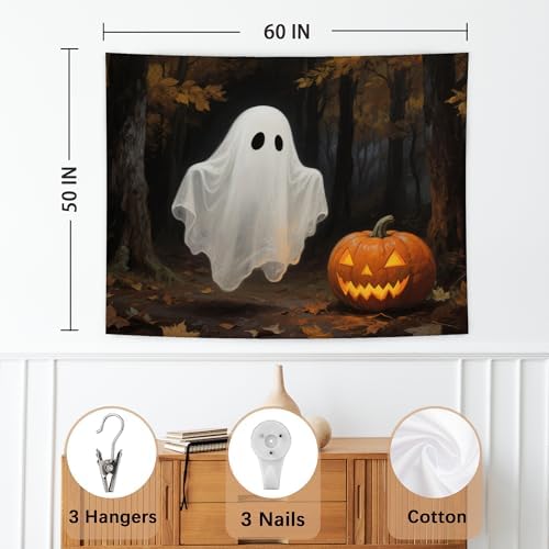 WHCHJ Gothic Halloween Ghost Pumpkin Tapestry, Dark Academia Halloween Tapestry Wall Hanging, Witchy Spooky Ghost Tapestries Wall Blanket Decor for Party Home Bedroom Living Room Dorm, 50x60 Inch