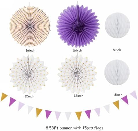 Purple-Lavender White Gold Party Decorations - 20pcs Graduation Birthday Paper Lanterns Fans,Tissue Pom Poms,Honeycomb Balls,Baby Shower Bridal Wedding Bachelorette Valentines Day Decor Burgleda