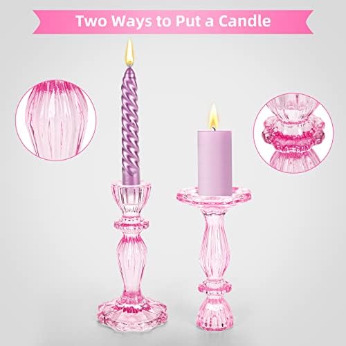 Glass Candle Holders, 2PCS Decorative Candle Stand Wide Base Candlestick Holder Table Centerpiece Decor for Wedding Festival Party Windowsill, Pink