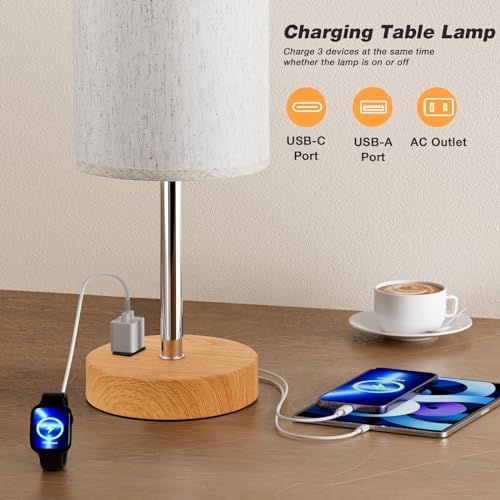 Fenmzee 17.4" Bedside Lamp for Bedroom - Dimmable Touch, USB A+C, AC Outlet