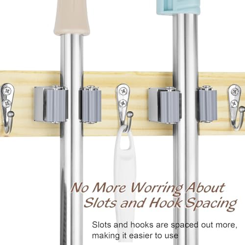 OUTNILI Mop and Broom Holder Wall Mount - Light Wood Broom Mop Hanger - Wall Mounted Garden Tool Rack Organizer for