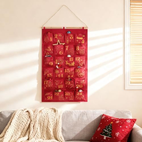 HOWAF Red Gold Fabric Christmas Advent Calendar with Pockets (Countdown to Christmas), 24 Days Mystery Christmas Countdown Calendar for Xmas Holiday Home Wall Decoration
