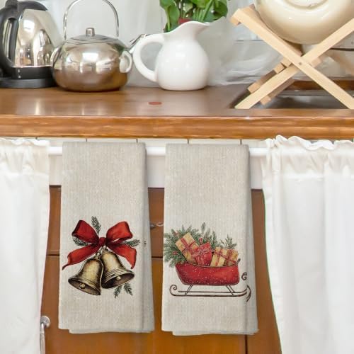 Coquette Red Bow Christmas Bell Kitchen Dish Towels 16x24, Set of 2