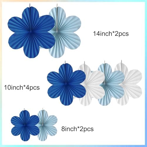 Royal Blue Party Decortaions Blue White Paper Flower Fans for 16th Boy Birthday Baby Shower Man Father Party 8Pcs