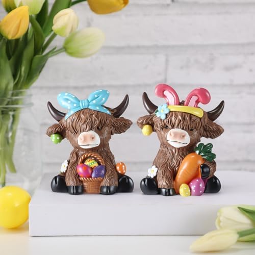 Karenhi 2 Pcs Highland Cow Figurines Resin, Bunny Ears Spring Decor