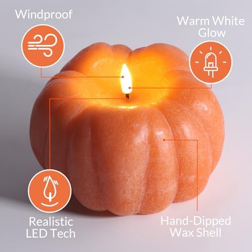Burnt Orange Pumpkin Fall Flameless LED Candle with Remote, Halloween Decor
