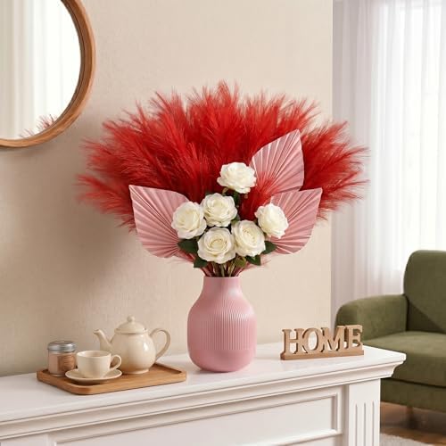 obbsie 50PCS Red Faux Pampas Grass Decor, 21.6" Fluffy Vase Filler
