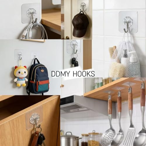 DDMY 100 Pack Heavy Duty Self Adhesive Hooks 50 lbs Transparent Reusable Sticky Wall Hooks for Hanging Waterproof