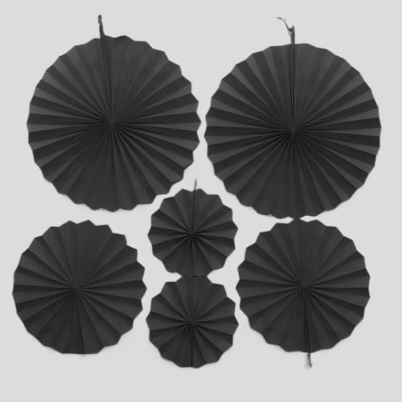 JEYE Black Hanging Paper Fans Party Decoration Set Wall Background Ceiling Hanging Decor for Birthday Graduation Halloween Party, Mix Set of 6pcs