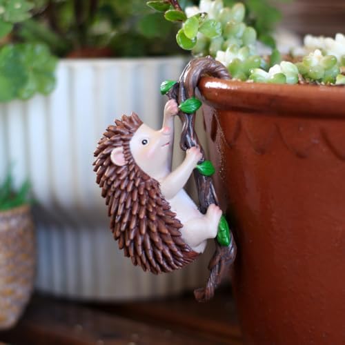 Hedgehog Figure Plant Pot Hanger, Turtle Flower Pot Hugger, Resin Tortoise Statue, Funny Pot Huggers for Planters, Cute Climbing Animal Flower Pot Hugger, Garden Fence Balcony Patio Yard (HEDGEHOG)