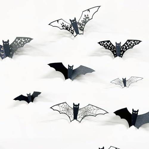 24Pcs Large Halloween Bats Decorations - 3D Self-Adhesive PVC Scary Wall Decor, Hollow Out Waterproof Black Stickers for Indoor Party Supplies, Door and Room Decals