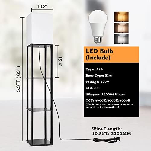 RUNTOP Floor Lamp with Shelves, Shelf Lamp with 3 Color Temperature LED Bulb,Floor-Lamp for Living Room, Modern Tall