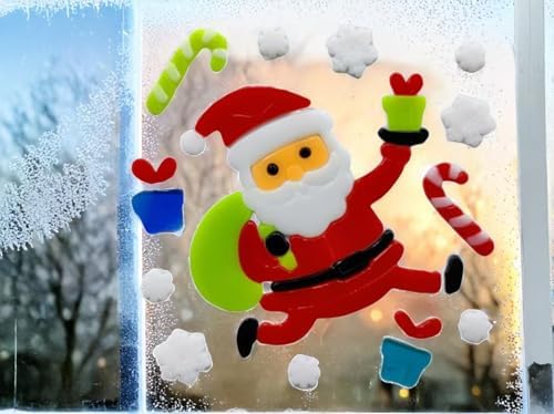 Gift&Fun 4sheets Christmas Gel Window Clings, Holiday Decorative Stickers with Santa, Snowman, Snowflakes, 7.9x7.9 Inch(Christmas Window Gel Cling Snowman