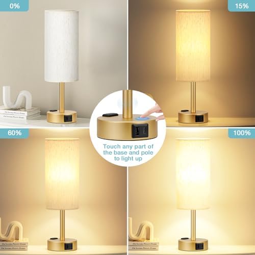 Fenmzee Gold Bedside Lamp for Bedroom, Dimmable Touch, USB A+C, AC Outlet