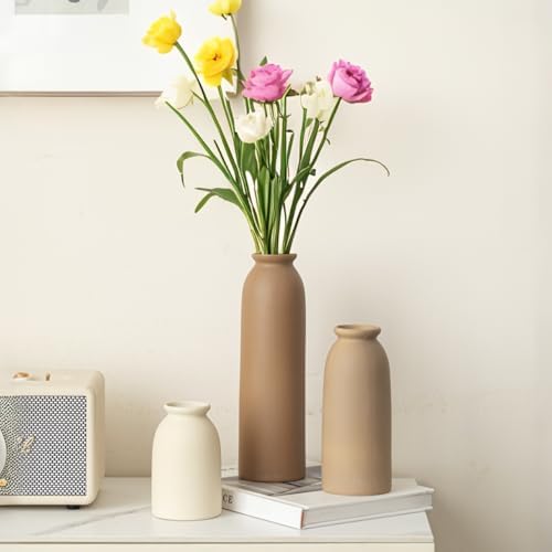 Tall Decorative Ceramic Vase Set / Standard Coffee Mix / White / 10.4 Inch / Set of 3