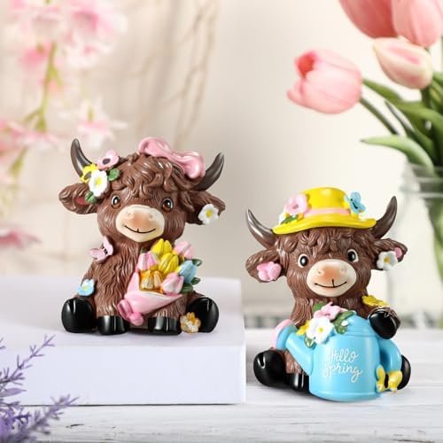 Karenhi 2 Pcs Highland Cow Figurines, Spring Floral Table Decor