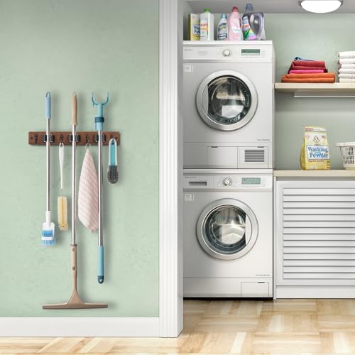 OUTNILI Mop Broom Holder Wall Mount with 3 Slots & 4 Hooks - Wood Broom Mop Hanger for Pantry Kitchen Organization