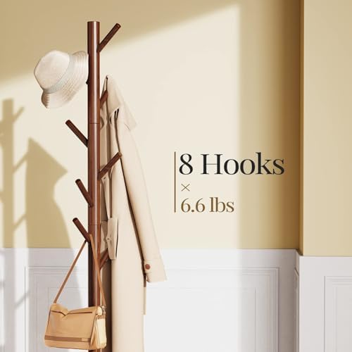 Pipishell Solid Wooden Coat Rack Freestanding with 8 Hooks, Brown