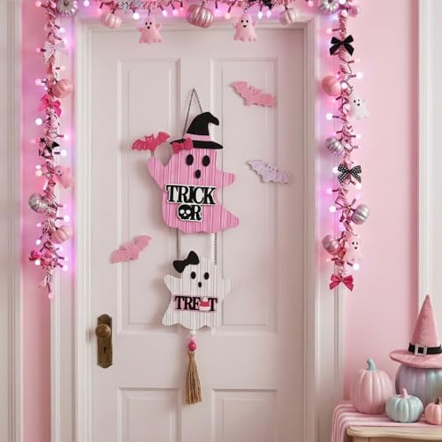 Valery Madelyn Pink Halloween Decor, Cute Halloween Door Wreath Decorations, Ghost with Witch Hat Wooden Hanging Sign for Wall Window Door Handle, 22 inch