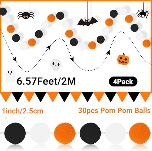 MARFOREVER 4 Pack 26.3 Ft Halloween Pom Pom Garlands Decorations