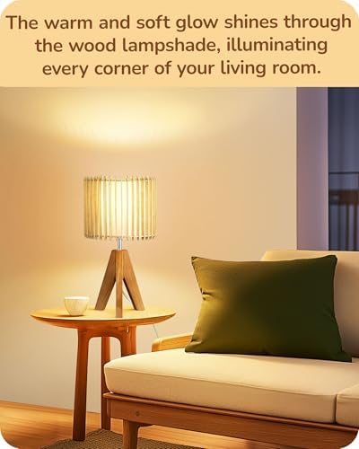 EDISHINE 14.17" Small Table Lamp, Wood-Colored Hollow Shade, E26 Base